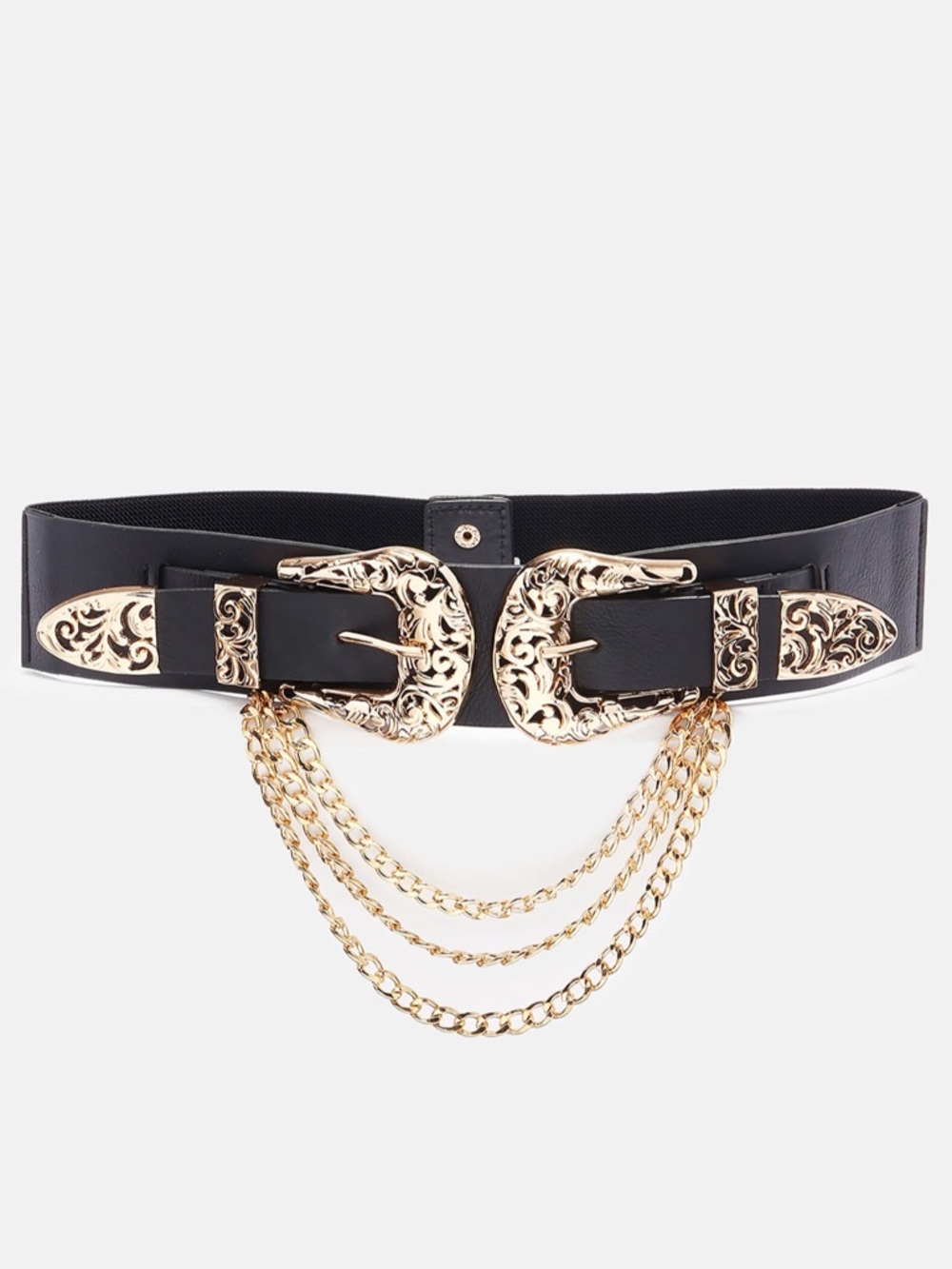 Black Wide Belt with Gold Filigree Double Buckles and Chain